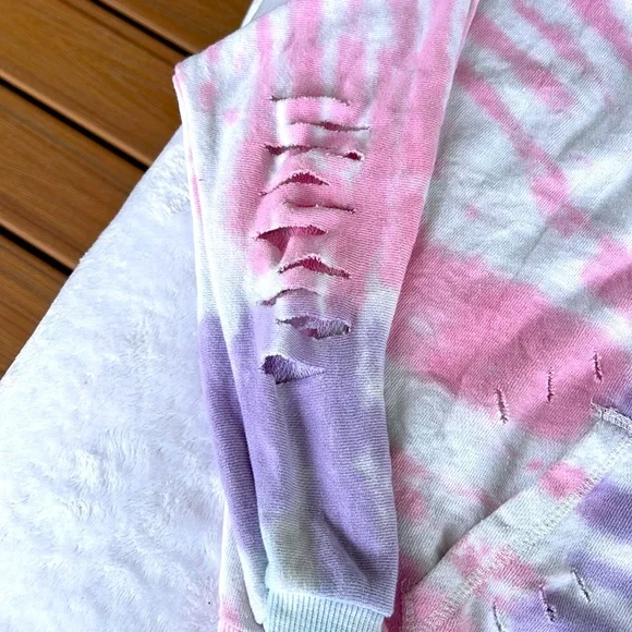 Girls’ Vintage Havana Tie Dye Distressed Lighting Bolt Rhinestone Hoodie 10/12 - Picture 6 of 10